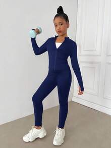 Tween Girl Black Mock Neck Zip-Up Knit Activewear Set With Leggings, Sports Set, Athleisure Set, Jogging Outfit - Navy Blue - View 3