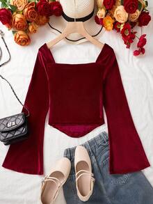Elegante, delicada y suave camiseta con mangas acampanadas color borgoña para adolescentes - Burdeos - Ver 2