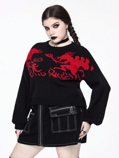 Goth Suéter holgado de punto con gráfico de demonio oscuro, talla grande, para otoño/invierno