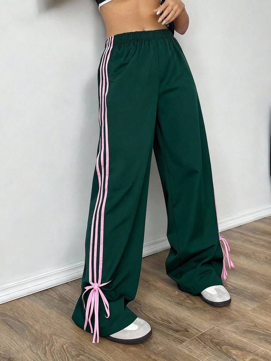 SHEIN EZwear 秋季休闲橄榄绿撞色侧条纹织带工装裤 - 墨綠色 - 查看 1