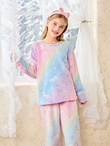 SHEIN 独角兽夜光珊瑚绒睡衣套装，长袖上衣和裤子，可爱少女睡衣套装 - 彩色 - 查看 4