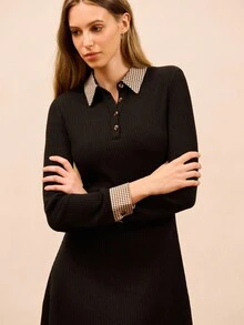 lacRébo Vintage Black Rib Knit Mini Dress With Contrast Printed Collar And Cuff,Elegant Office,Autumn Spring Back-To-School Style - Black - View 3