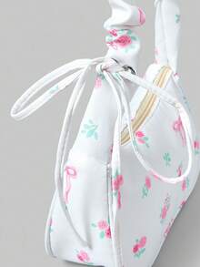 ROMWE Kawaii 1buc nailon alb cu imprimeu floral cu fermoar geantă de umăr casual, versatilă și la modă pentru femei uz zilnic
