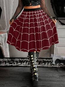 Whyspr New Vintage Gothic Dark Style Spider Web Elastic Waist Flared Skirt, Halloween Cosplay - Burgundy - View 4