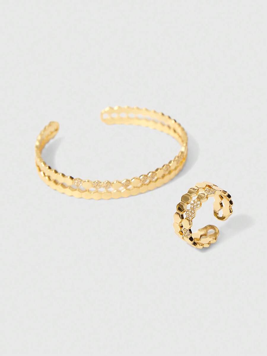 SHEIN BAE 1 Set Fashionable Honeycomb Ring And Bracelet Set For Women - Gold - View 1