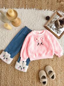 SHEIN 2pcs Baby Girls Pink Autumn Cute Family Matching Outfit,Animal Embroidery Fluffy Long Sleeve Sweatshirt And Pants With Fluffy Embroidered Hem Set - Pink - View 4