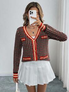 Elenzga 女式撞色休闲针织开衫 - 紅色 - 查看 6