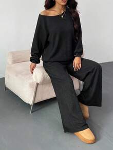 Muchica 女士纯色斜肩长袖上衣和裤子休闲套装 - 黑色 - 查看 7
