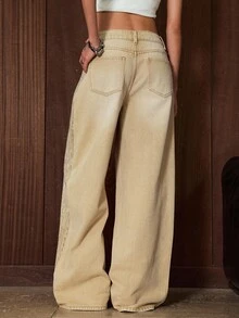 Easelle Jeans vintage kaki à jambes larges, coupe ample, avec poches et ornements de strass pour femmes. Tenue de fête pour l'hiver et l'automne - Kaki - Voir 9