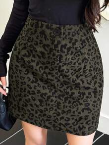 FRIFUL Women's Casual Leopard Print Button Waist Short Skirt - Army Green - View 6