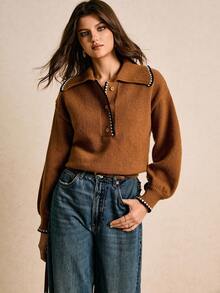 Poéselle 女式休闲宽松 Polo 领落肩长袖毛衣，秋冬 - 咖啡棕 - 查看 3