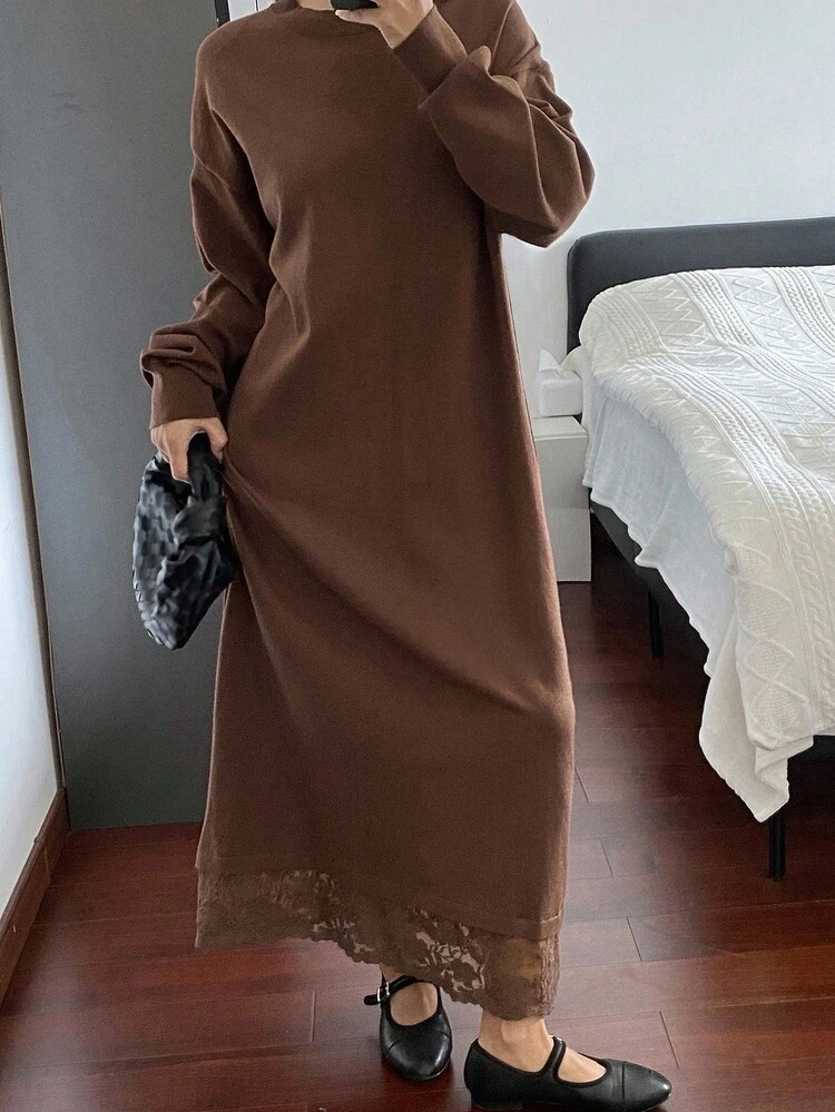 Women's Casual Solid Color Lace Patchwork Knit Dress, Autumn/Winter Sweater Dress