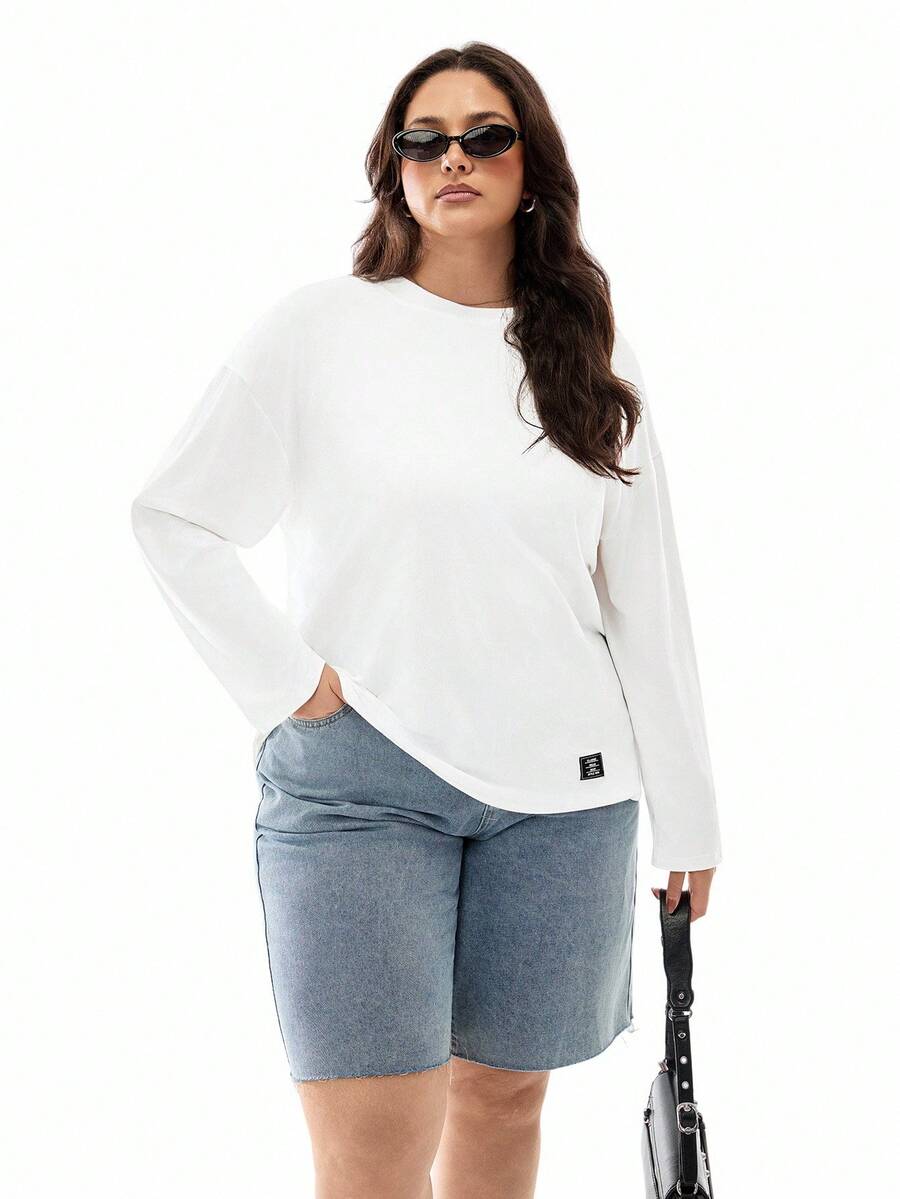 SHEIN EZwear 大码白色圆领长袖宽松休闲 T 恤