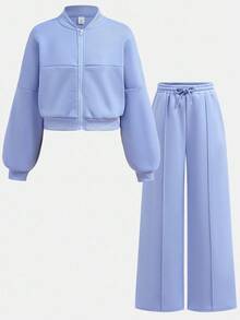 SHEIN 2 件套青少年女孩秋季休闲装 - 长袖拉链连帽运动衫 + 阔腿运动裤套装，适合日常、居家和街头穿着，舒适 - 淺藍色 - 查看 13
