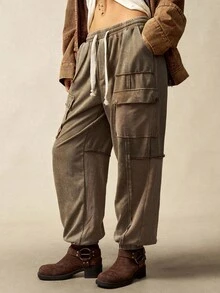 Bohemela Casual Knit Patchwork Wide Leg Tie Waist Women Pants - Brown - View 6