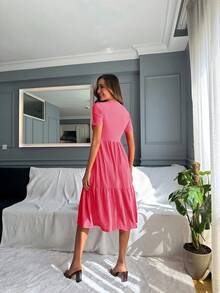 EURMUSE Solid Ruffle Hem A-line Dress - Hot Pink - View 5