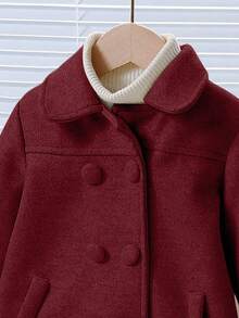 Elladie kids 女童休闲简约翻领插肩长袖宽松中长款纯色大衣，秋冬 - 酒紅色 - 查看 5