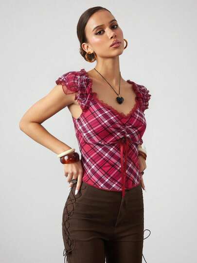 J-Fashion T-shirt à la mode pour femmes avec col en dentelle contrastée, col en forme de cœur, nœud devant et manches dolman à carreaux