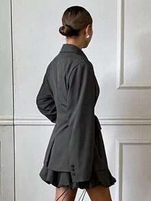 DAZY 女士纯色宽松系带蝴蝶结长袖休闲西装外套及喇叭裙套装，秋冬商务装 - 灰色 - 查看 2