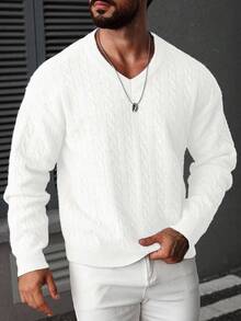 Manfinity Homme Áo len dệt kim tay dài cổ chữ V tối giản màu trơn dành cho nam, trang phục thường ngày, thu/đông - trắng - Xem 5