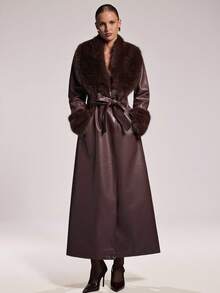 SHEIN BAE Women's Autumn Burgundy PU Leather Patchwork Faux Fur Collar Luxury European & American Style Long Elegant Cinched Waist Coat For Women, Autumn/Winter, Long Burgundy Coat,Winter Clothes For Women - Coffee Brown - View 9