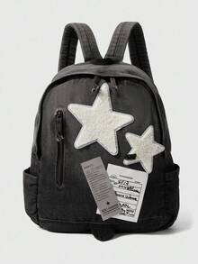 ROMWE Grunge Punk Balo Y2K Tie-Dve Gradient Vintage Star & Letter Printed Newspaper Dung tích lớn phong cách đường phố sành điệu dành cho nữ, trở lại trường - trắng - Xem 1