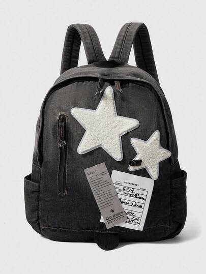 ROMWE Grunge Punk Y2K 领带渐变复古星星和字母印花报纸大容量酷炫街头风格背包，适合女性，适合返校