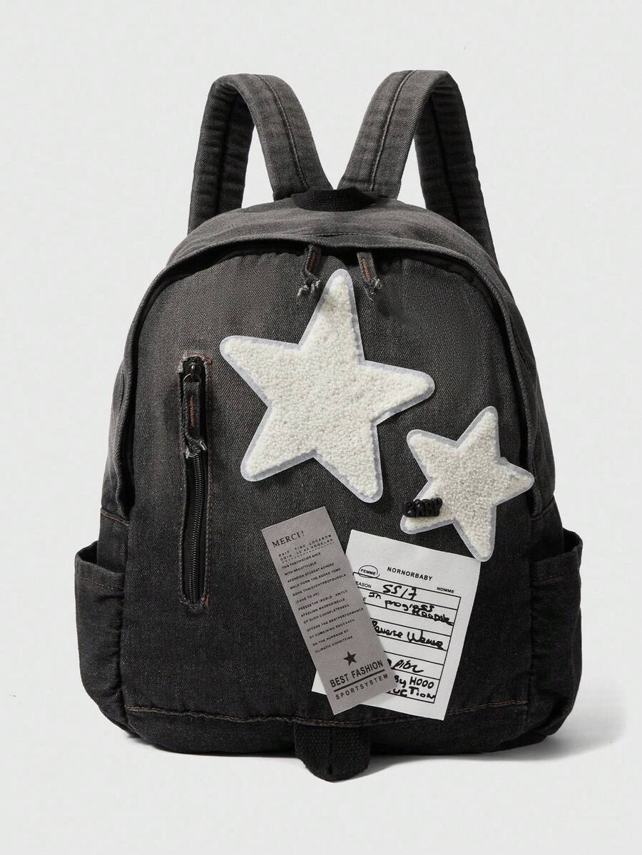 ROMWE Grunge Punk Balo Y2K Tie-Dve Gradient Vintage Star & Letter Printed Newspaper Dung tích lớn phong cách đường phố sành điệu dành cho nữ, trở lại trường - trắng - Xem 1