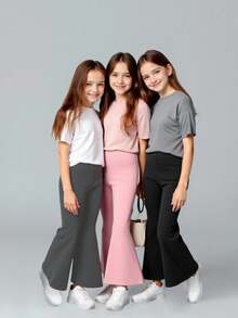 3pcs Girls Solid Color Casual Flared Leggings Set Fall Winter - Multicolor - View 3