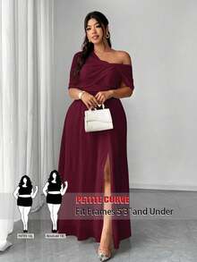 SHEIN PETITE CURVE Đầm voan lệch vai xẻ tà thanh lịch, lãng mạn dành cho nữ cỡ lớn, thích hợp dự đám cưới, tiệc tùng, năm mới, các dịp trang trọng, màu đỏ rượu vang. - Màu Đỏ Sâu - Xem 1