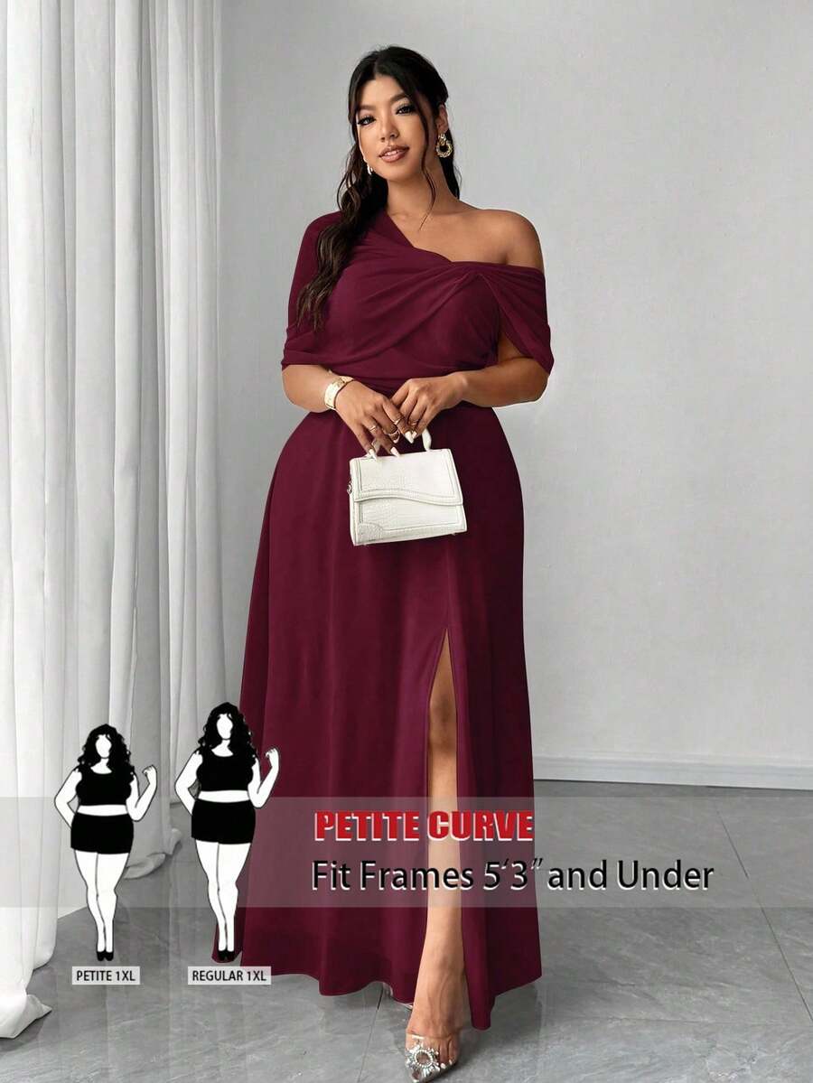 SHEIN PETITE CURVE Đầm voan lệch vai xẻ tà thanh lịch, lãng mạn dành cho nữ cỡ lớn, thích hợp dự đám cưới, tiệc tùng, năm mới, các dịp trang trọng, màu đỏ rượu vang. - Màu Đỏ Sâu - Xem 1