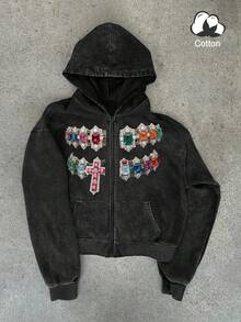 PAVTROS 男士彩色水钻十字印花连帽卫衣，美式街头嘻哈设计，秋季卫衣，秋季男装 - 黑色 - 查看 1