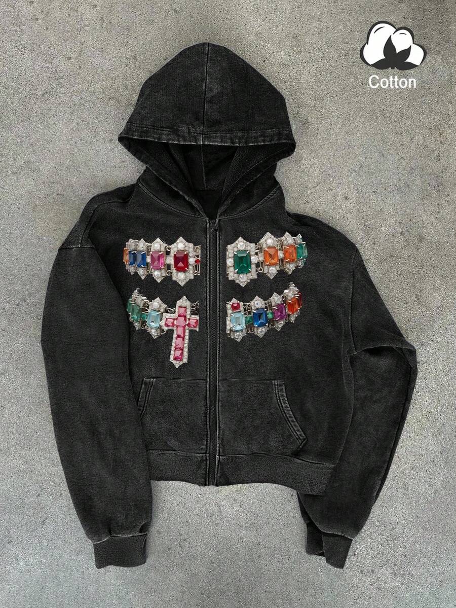 PAVTROS 男士彩色水钻十字印花连帽卫衣，美式街头嘻哈设计，秋季卫衣，秋季男装 - 黑色 - 查看 1