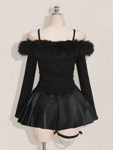 SHEIN ICON 女式加大码复古朋克性感 Y2K 短款上衣，罗纹拼接露肩长袖修身 T 恤，秋冬