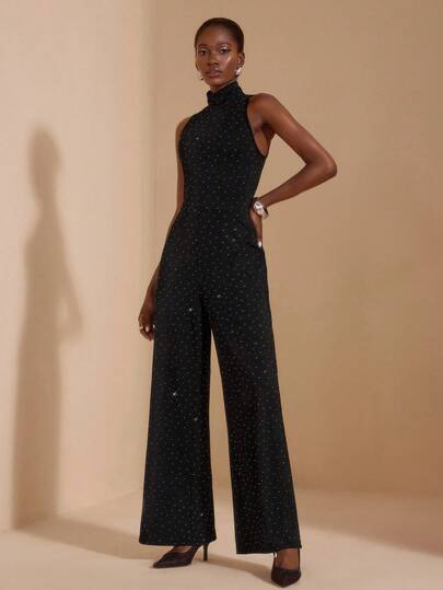 JIAN LASALA Mono sin mangas de punto acanalado con cuello alto y strass, pantalón ancho, mono negro para mujer, informal y elegante, mono acampanado sin mangas, mono elegante, colección de ropa de lujo y con estilo