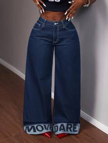 Slaydiva 女装时尚通勤字母印花阔腿牛仔裤阔腿牛仔裤套装Y2K翻边直筒裤字母印花时尚出游衣服 - 深色水洗藍 - 查看 4