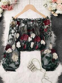 Franclia Plus Size Women's Fashion Sheer Mesh Crochet Embroidered Floral Off-Shoulder Lantern Sleeve Cropped Top