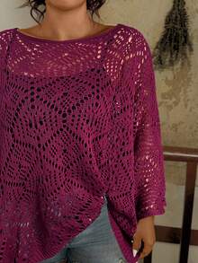 Travachic 秋冬大码纯色镂空针织圆领毛衣 - 酒紅色 - 查看 6