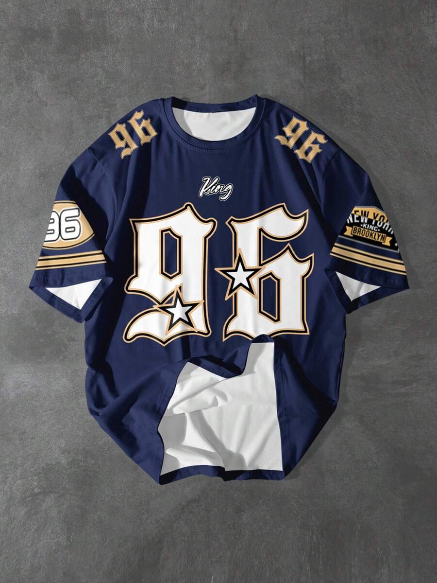 PAVTROS 男式数字条纹印花圆领短袖T恤 - 彩色 - 查看 1