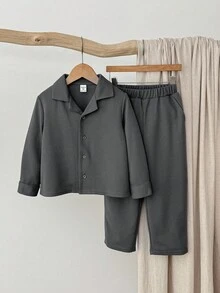 Blossori 男童法式优雅前扣长袖衬衫和裤子套装 - 藍色 - 查看 1