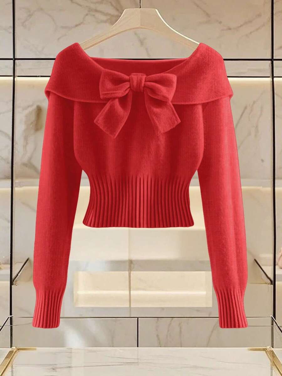 Franclia Women's Minimalist Fashion Collar Bowknot Open Shoulder Long Sleeve Solid Color Knit Pullover Sweater - Red - View 1