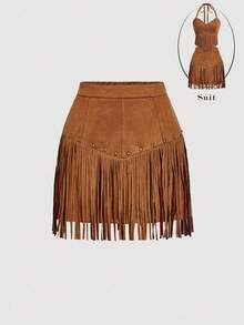 SHEIN MOD Falda con flecos marrón retro de estilo urbano - Marrón - Ver 1