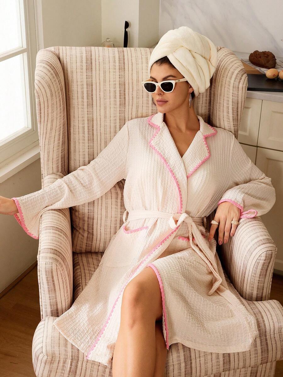Women's Casual Midi Robe With Pink Contrast Binding And Pockets Flare Sleeve Knitted Fabric Loungewear Cozy And Elegant Details, For Fall & Winter Outfit - Beige - View 1