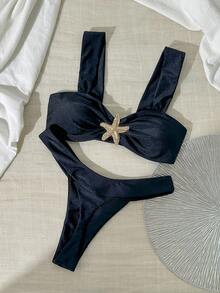 Swim Chiccia 女士纯色粗肩带金属装饰假日泳装套装 - 黑色 - 查看 2