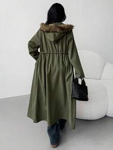 SHEIN Teens Girls' Loose Casual Minimalist Comfortable Hooded Thermal Lined Warm Cinched Waist Long Jacket