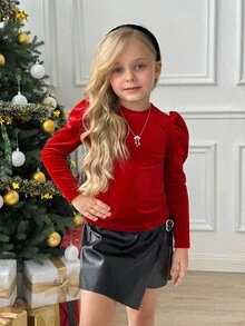 Serisse Kids Conjunto de 2 peças de camiseta de manga comprida com estampa de borboleta e shorts-saia pretos, elegantes e elegantes para meninas, roupa casual de outono, vintage elegante, adequada para festas, Natal, baile de Ano Novo, inverno - Vermelho - Ver 5