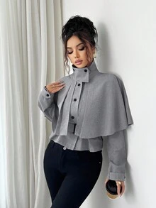 Elenzga Áo khoác nữ dáng dài cổ cao màu đen và trắng họa tiết răng sói, thiết kế tối giản, đa năng, chuyên nghiệp, thanh lịch, thời trang thu đông - Đen và trắng - Xem 6