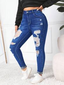 Firerie Plus Size Slitna Skinny Jeans med Pocket - Mediumtvätt - Visa 5