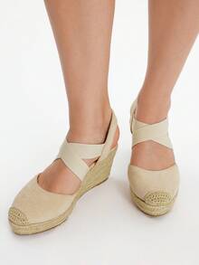 Styleloop 女士时尚圆头米色交叉松紧带舒适透气休闲黄麻绳厚底坡跟渔夫鞋，户外度假旅行 - 杏色 - 查看 7