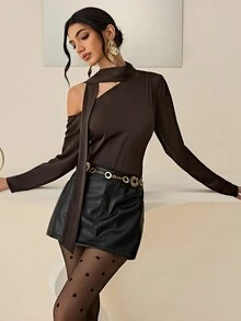 Lyxana Women's Autumn/Winter Mirrored Brown Off-Shoulder Sexy & Elegant Flared Sleeve Blouse - Chocolate Brown - View 4